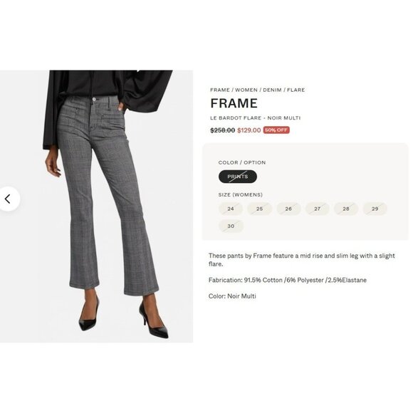 FRAME Le Bardot Flare Kick Cropped Pants Size 25 Noir Multi Glen Plaid LBF403P - Picture 10 of 11